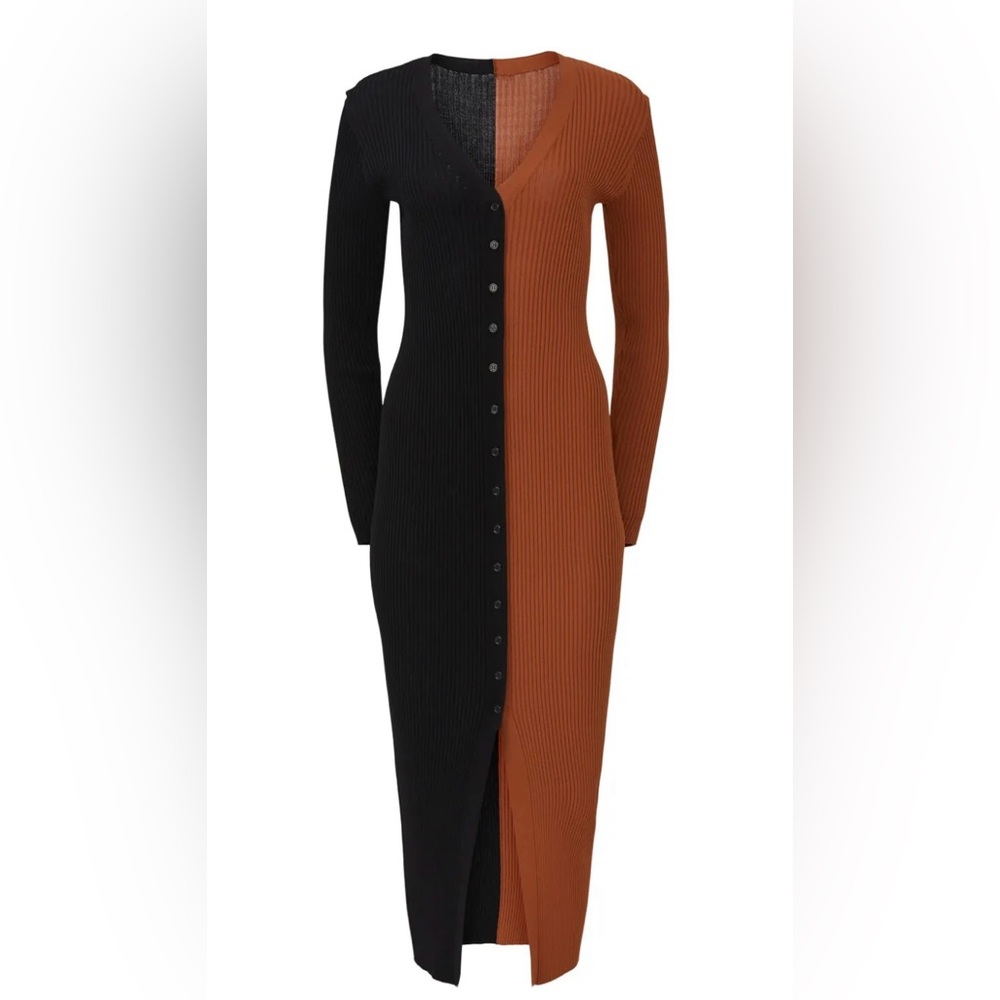 Staud Shoko Colorblock Sweater Dress In Black And Brown Stretch Rib Knit Sz Xl